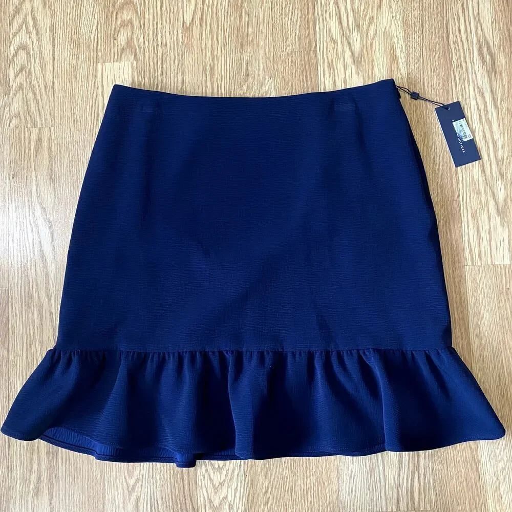 Tommy Hilfiger Textured Ruffle Hem Skirt Navy 10